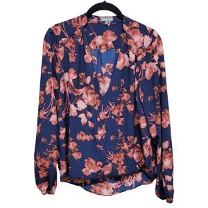 Vince Camuto Blue Red Faux Wrap Open Front Floral Long‎ Sleeve Top Womens S